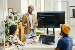 Programmer presenting new software for VR glasses