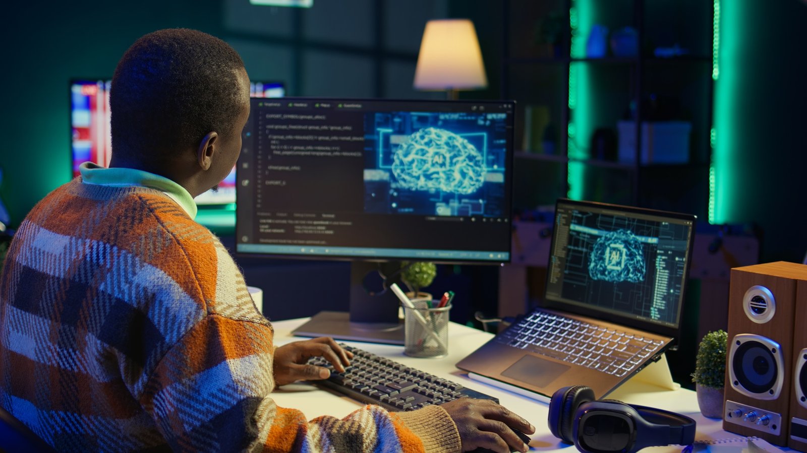 African american IT professional managing AI system for machine learning