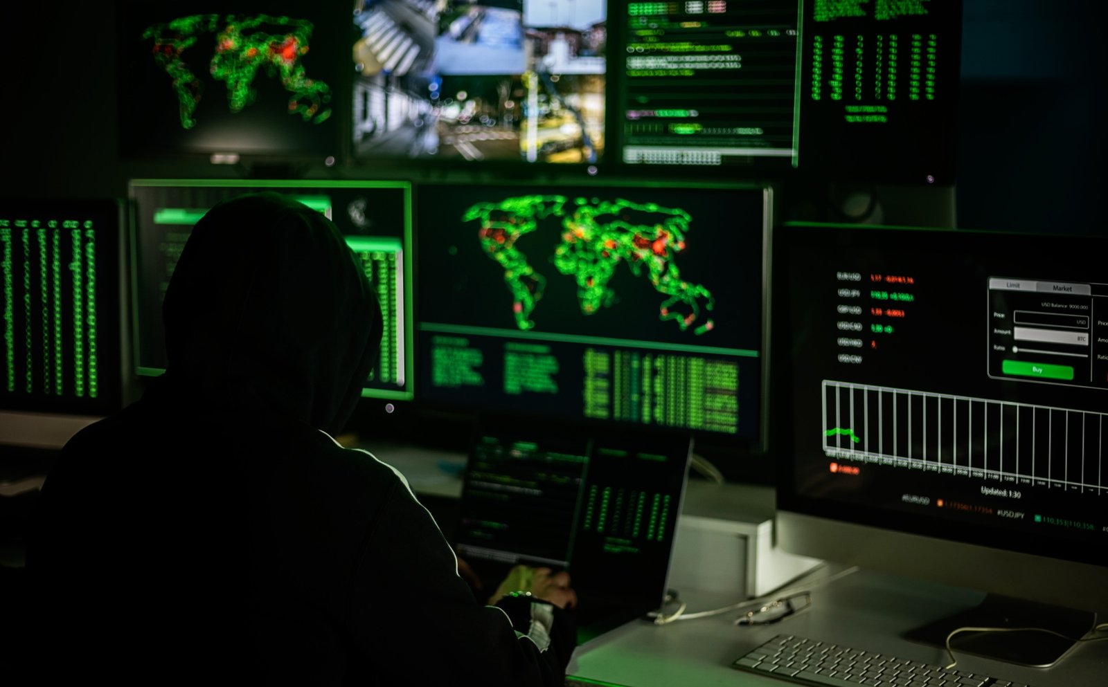 Hackers working on computers showing world maps and security camera footage